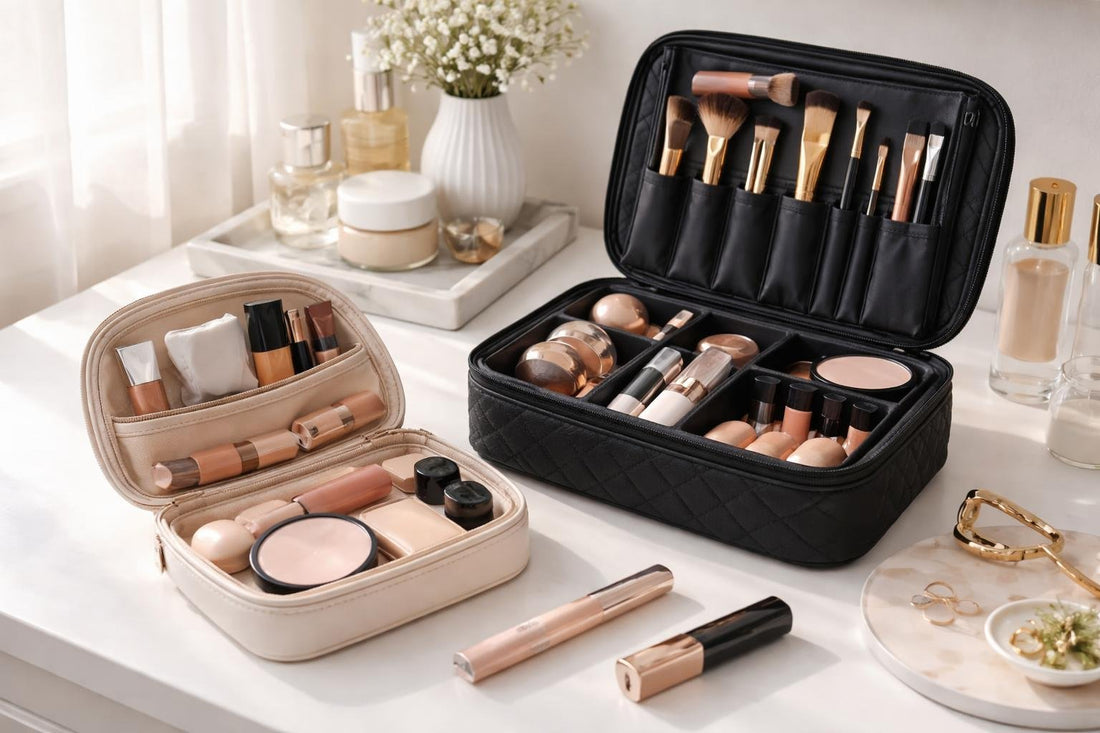 Organized makeup bags and case compartments for fast mornings