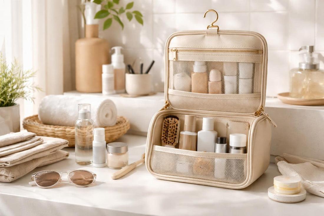 Organized toiletry bag with travel-size toiletries on counter