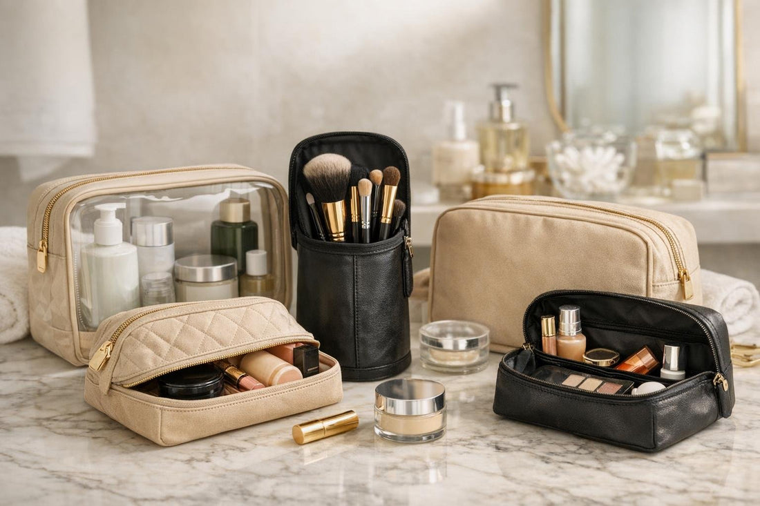 Organized travel cosmetic bags with makeup, brushes, skincare