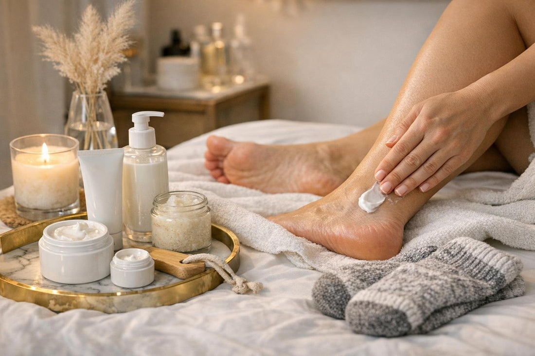 Applying foot cream to heels before bed with socks