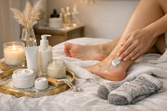 Applying foot cream to heels before bed with socks