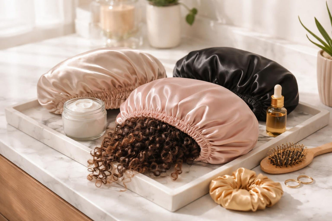 Silk and satin bonnet technique for overnight curly hair