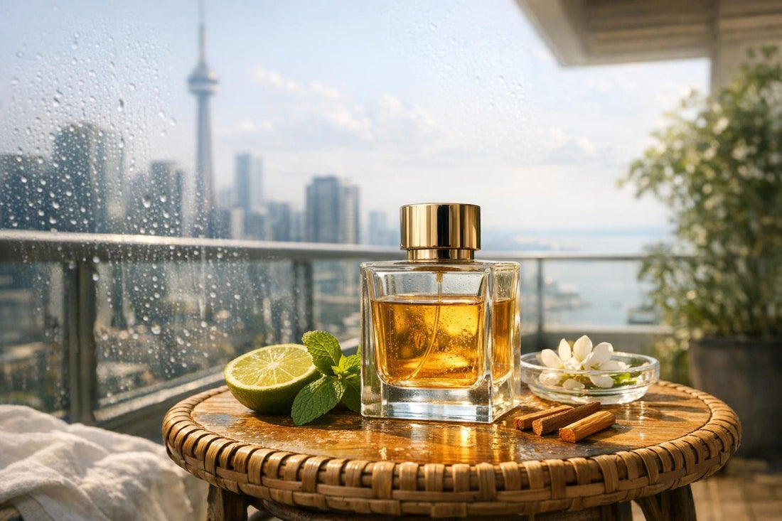 Perfume bottle on humid Toronto summer balcony