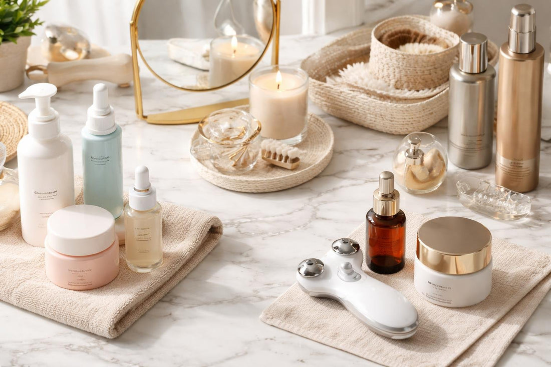 Beginner and advanced personal care routine essentials flat lay