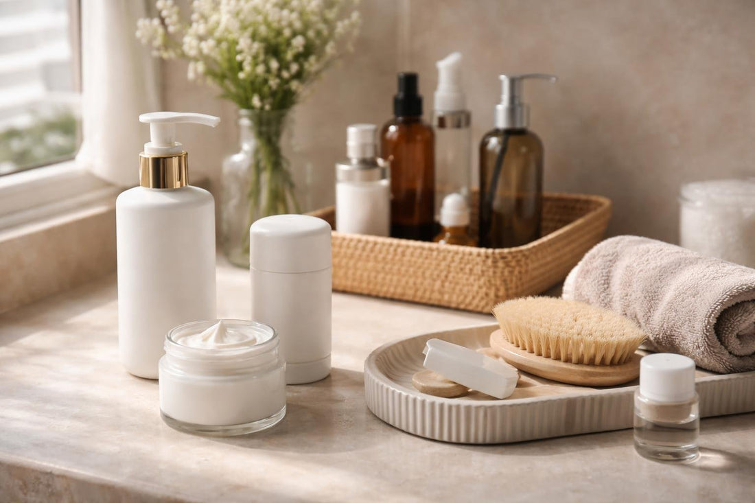 Personal care routine with lotions and deodorant on bathroom counter