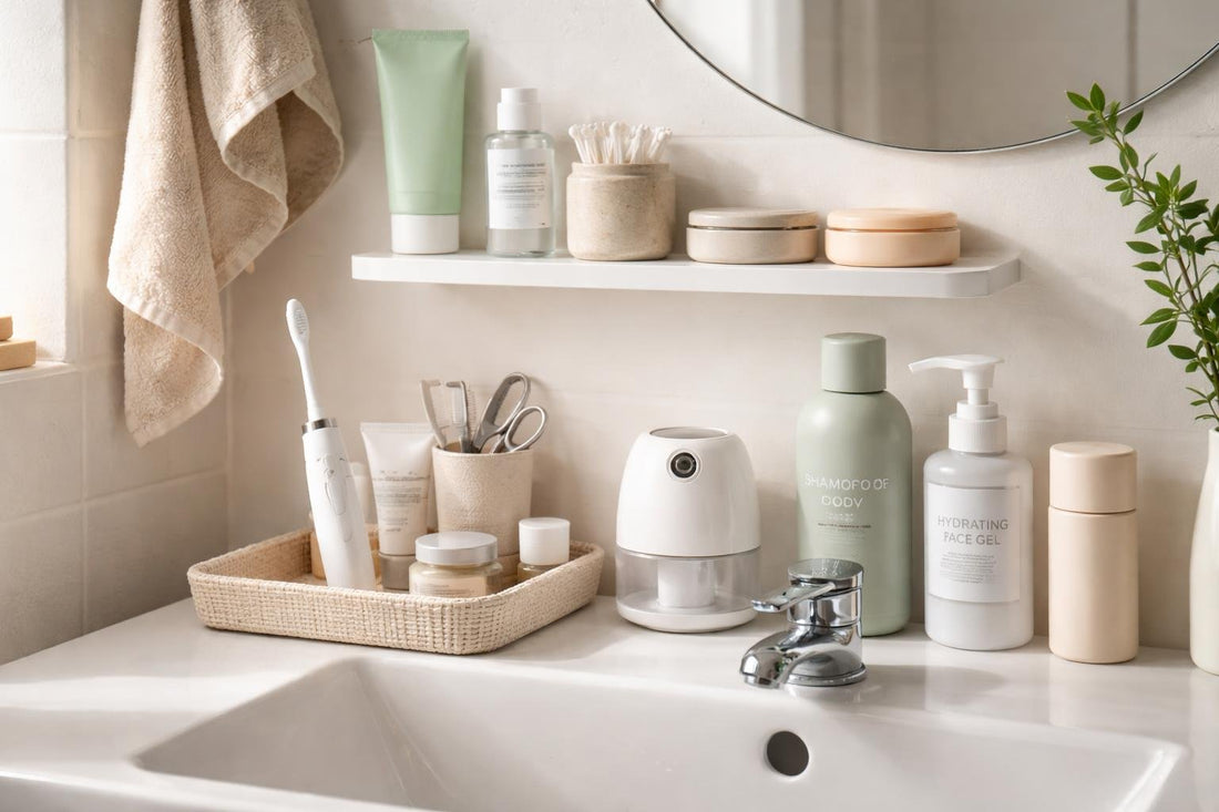 Compact personal care items arranged in small bathroom