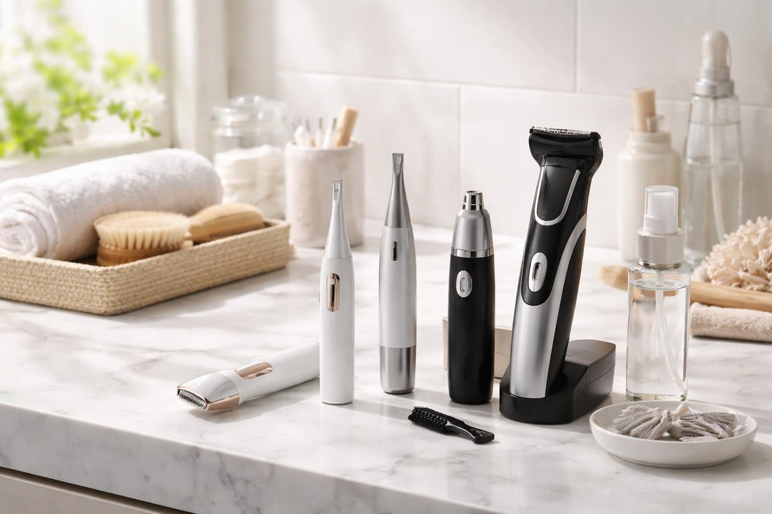Personal groomers and cleaning tools set on bathroom counter