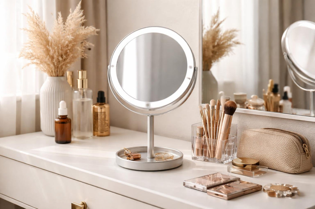 compact personal makeup mirror on small vanity