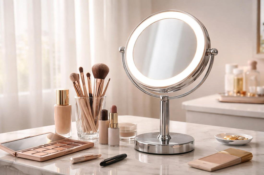 Personal makeup mirror with LED lighting for close-up makeup