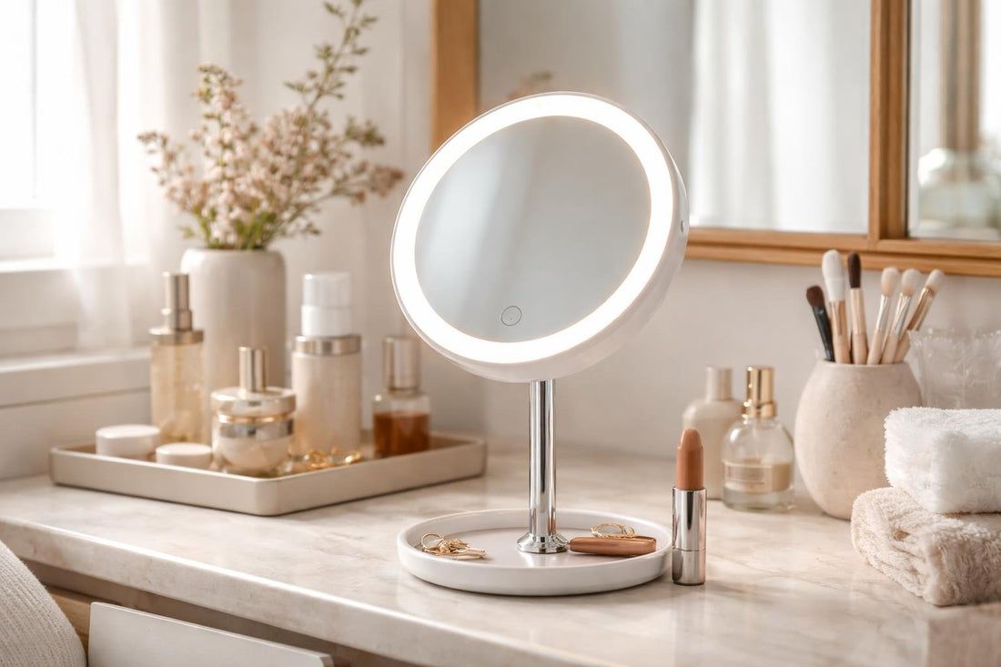 Compact LED personal makeup mirror on small vanity