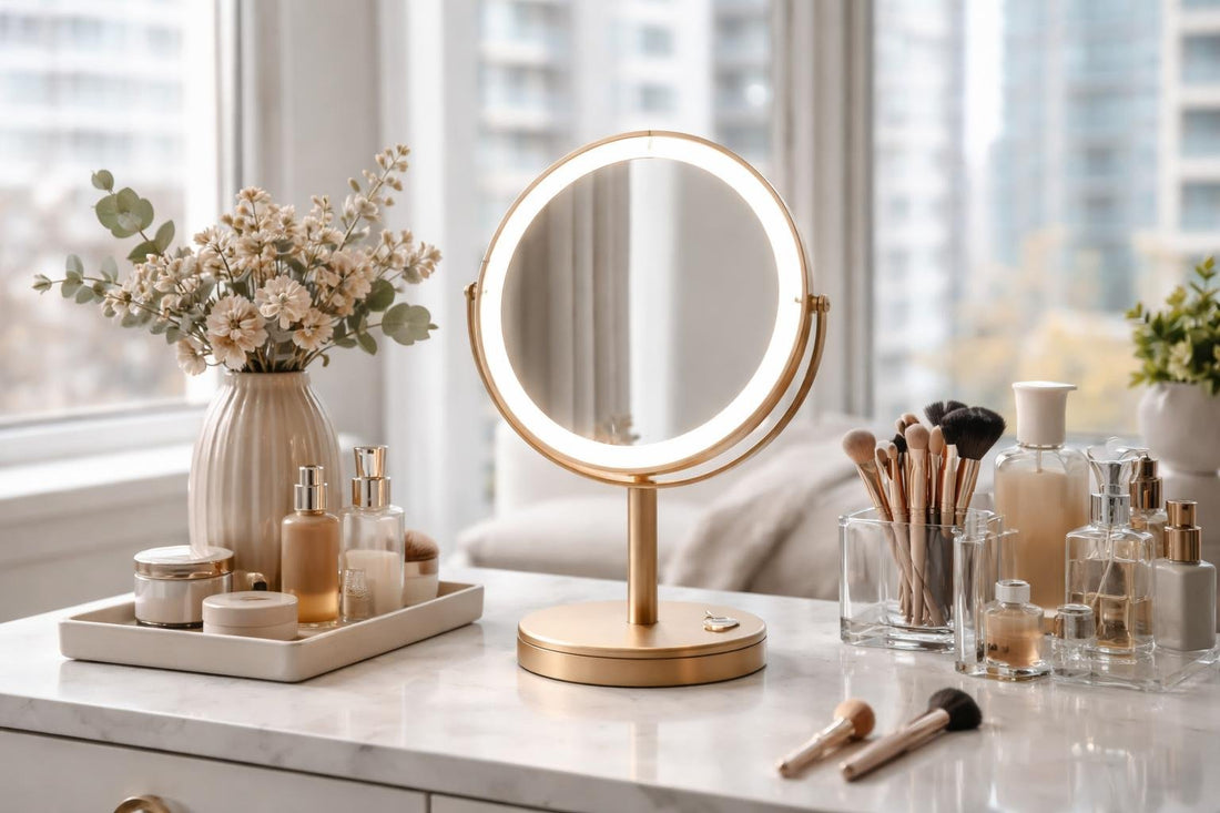 Compact personal makeup mirror on Toronto vanity