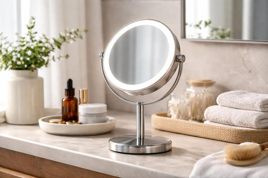compact LED makeup mirror on bathroom counter