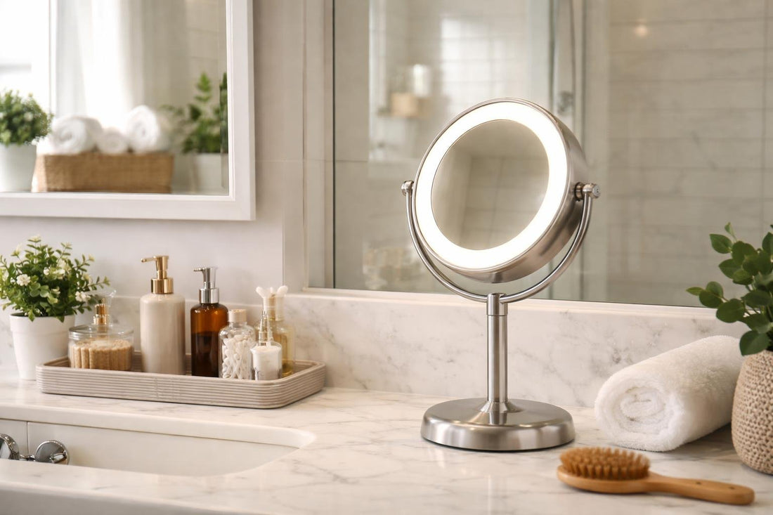 compact personal mirror in a small bathroom setting