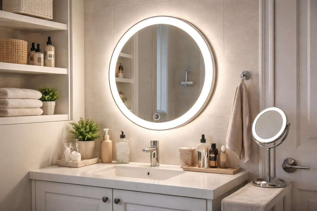 Lighted vanity mirror in small Canadian bathroom