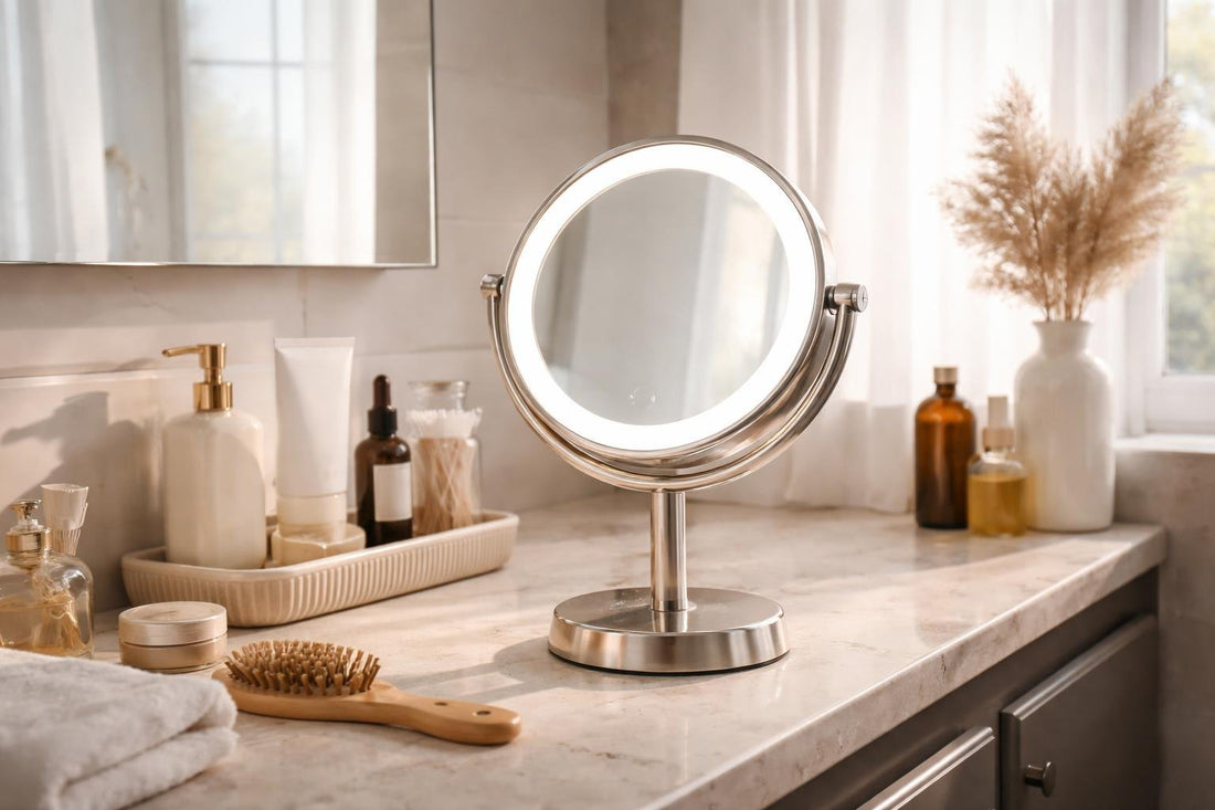 compact and LED-lit personal mirror in Toronto bathroom