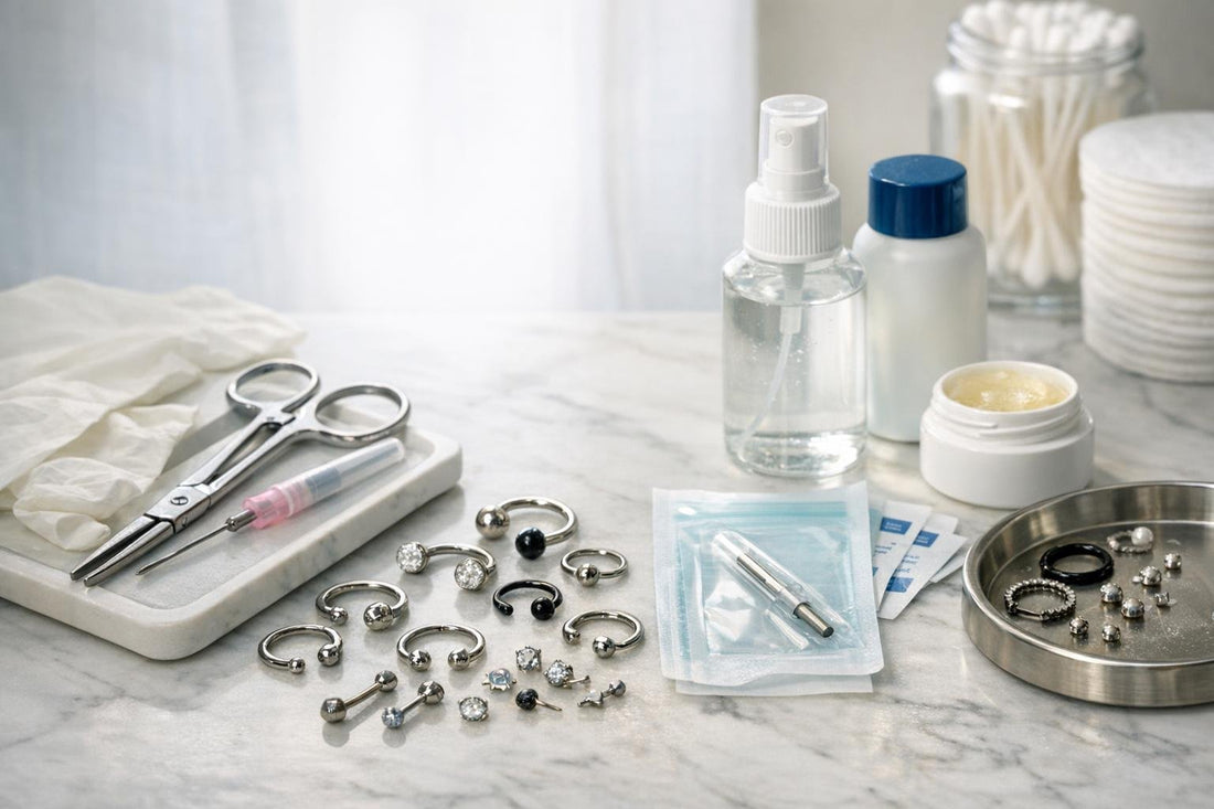 assorted piercing starter kit supplies on table