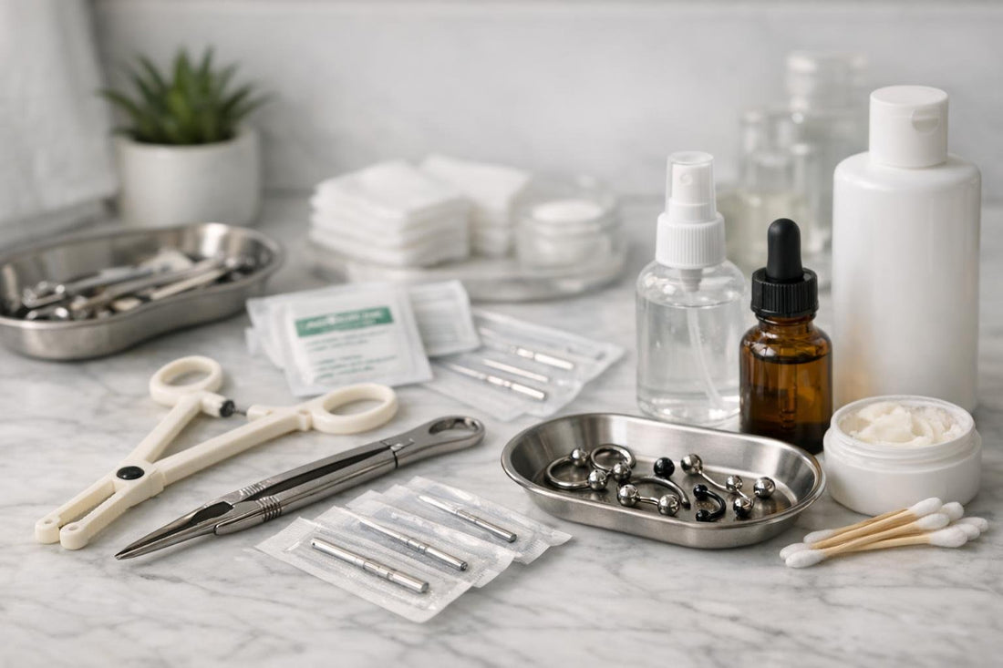 piercing starter kit with clamps, needles and aftercare