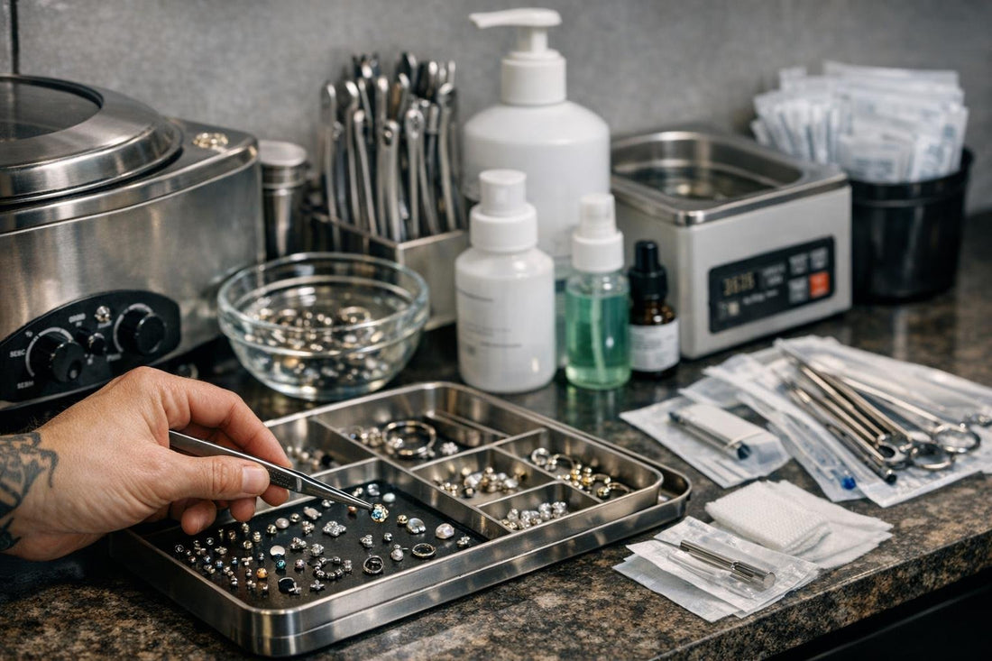 Experienced piercer selecting implant-grade jewellery in Toronto studio
