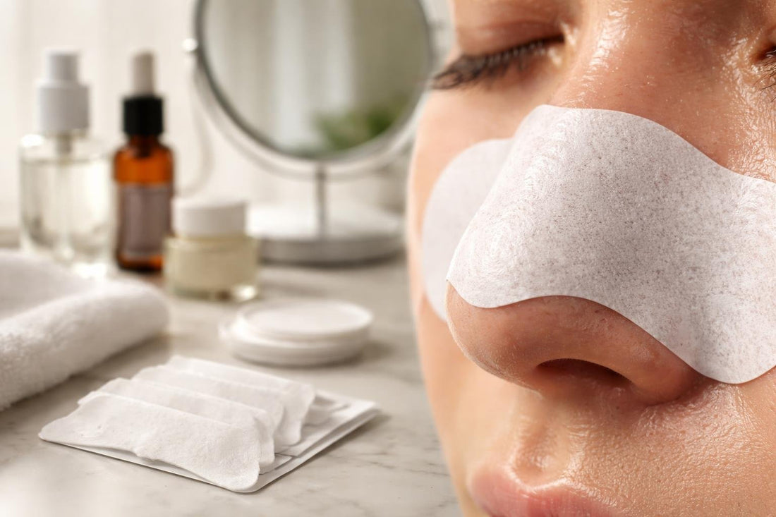 Close-up of pore cleansing strip on oily nose