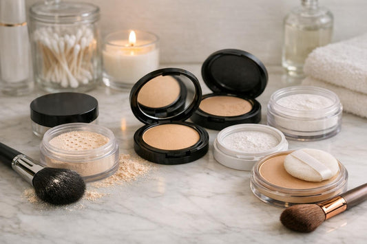 assorted face powders and makeup brushes