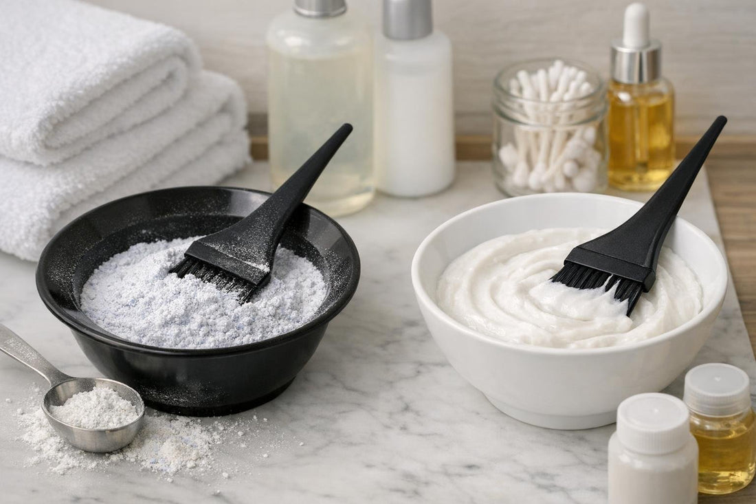 Powder bleach and cream lightener bowls with highlight brush