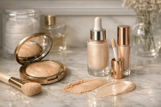 Liquid and powder highlighter glow on dry skin