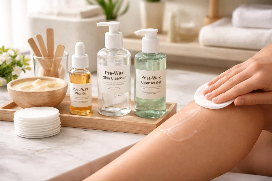 Pre-wax cleanser being applied to clean, dry skin