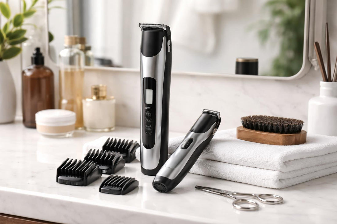 Beginner using precision beard trimmer for sharp beard lines