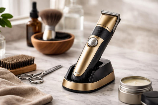 Close-up precision beard trimmer near neat stubble