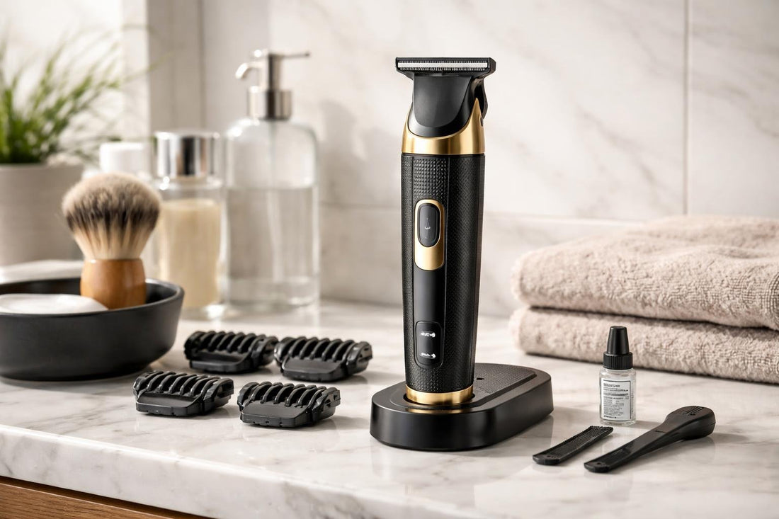 Precision beard trimmer with T-blade and guides