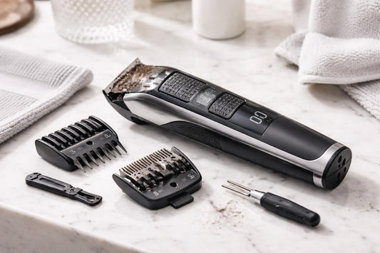 Close-up precision beard trimmer blades and guide combs