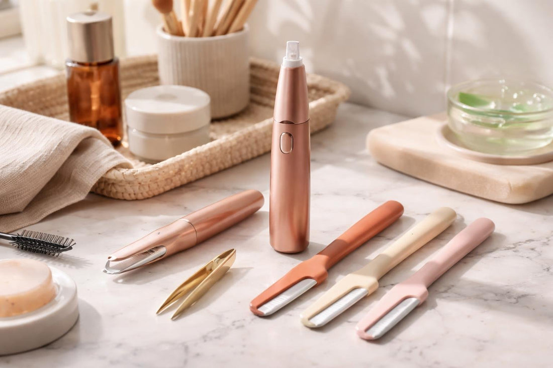 Precision eyebrow trimmer and manual razors laid out