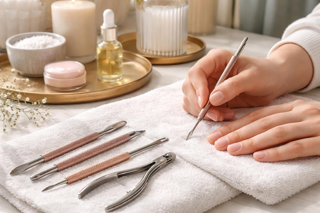Beginner using precision cuticle pusher for clean nails