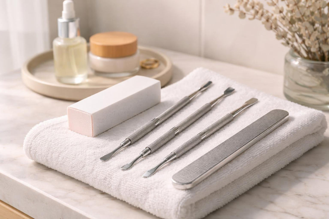 precision cuticle pushers and buffers on towel