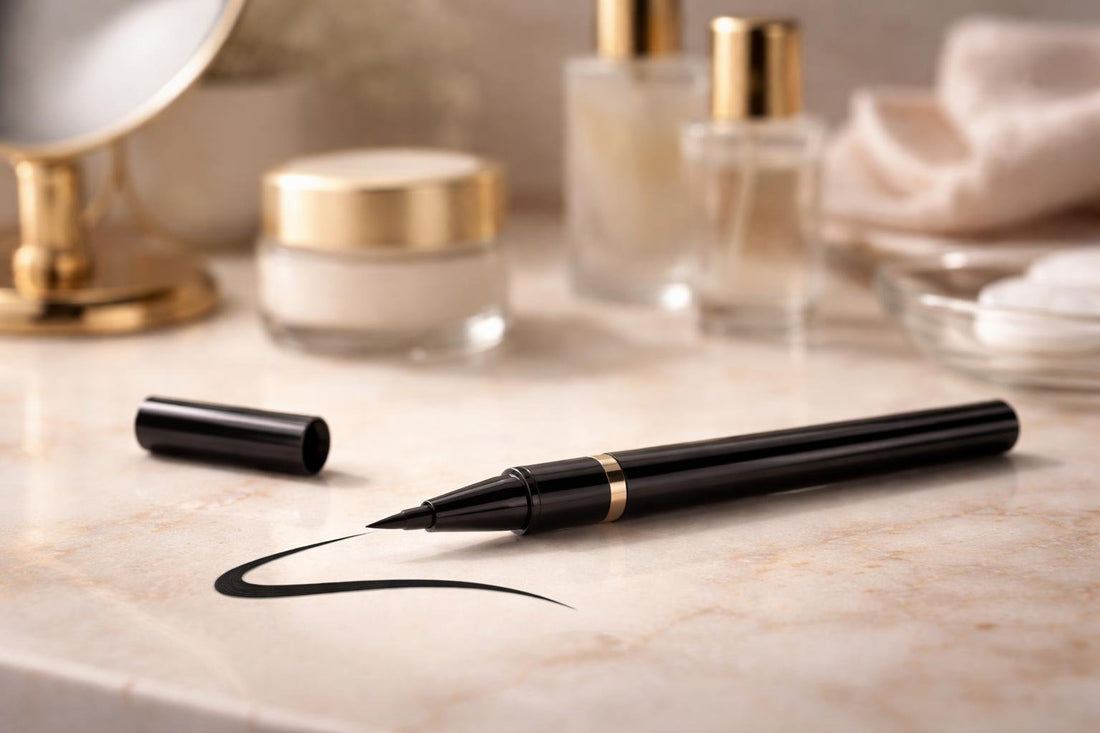 Close-up of precision eyeliner pen with smooth winged line