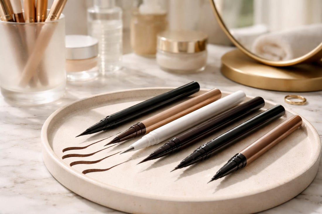 Close-up of precise eyeliner pens and swatches