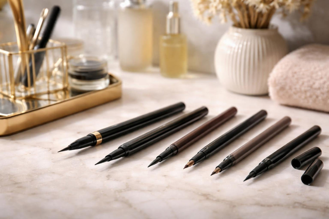 close-up of precision eye liner pencils on table