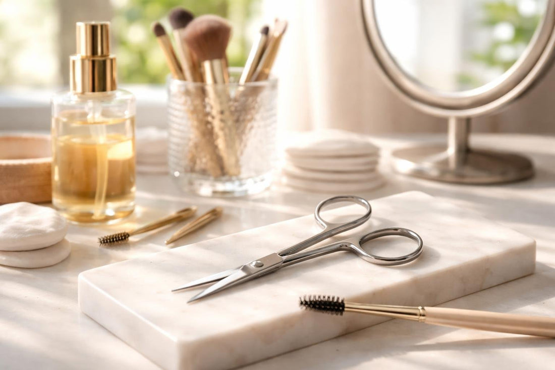 Precision eyebrow scissors trimming brows in bright summer light