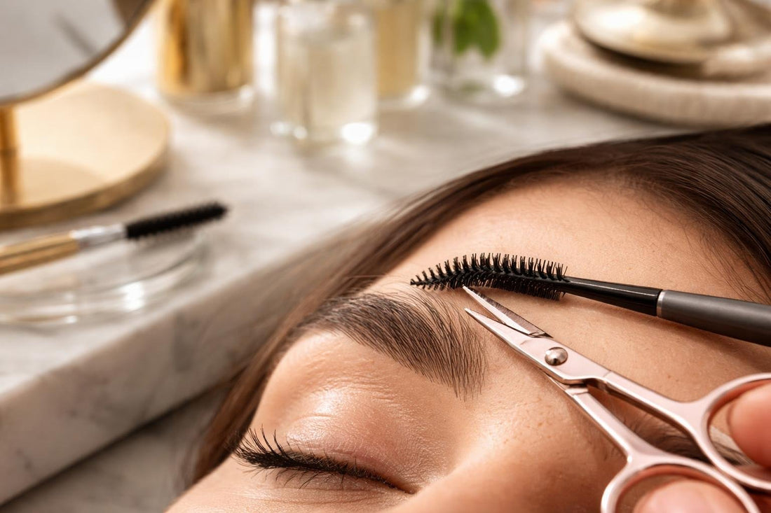 Precision eyebrow scissors trimming brow hairs with spoolie brush