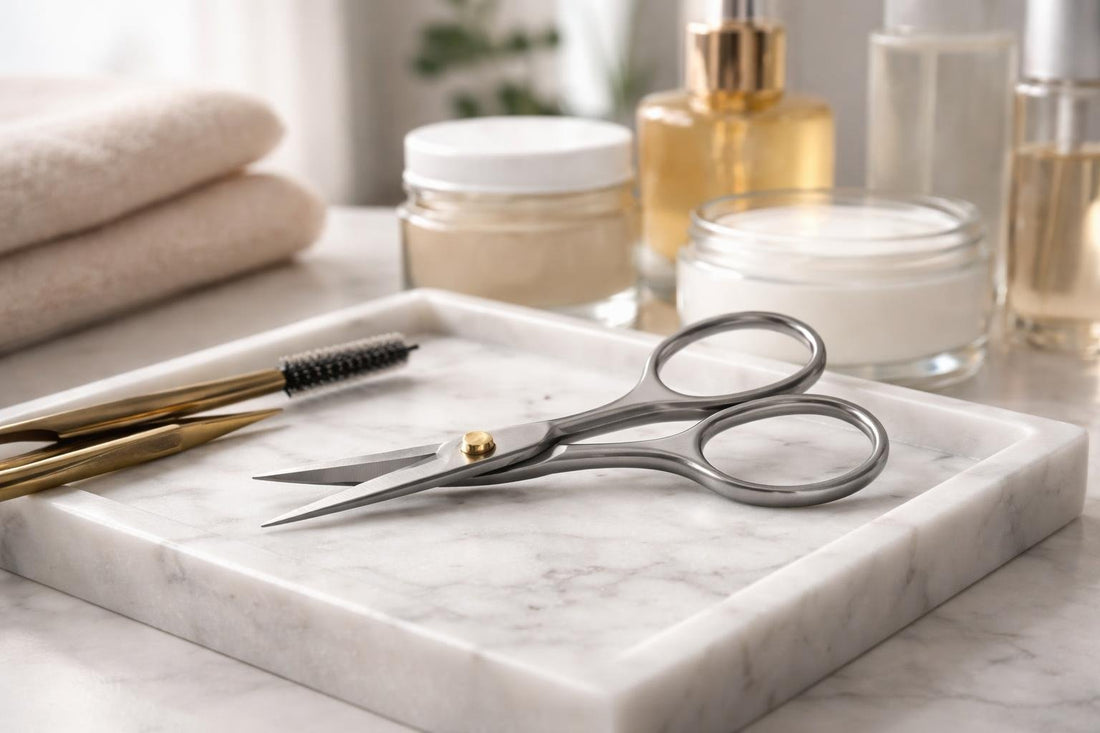 Close-up precision eyebrow scissors angled blades