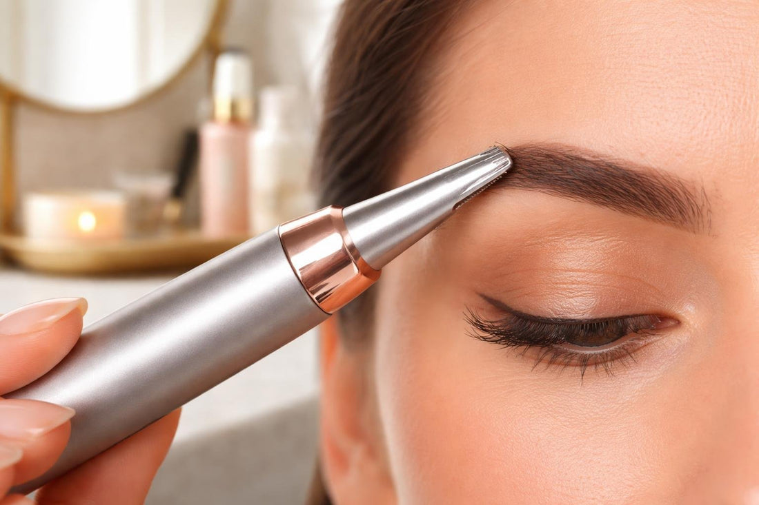 close-up of precision eyebrow trimmer near eyebrow