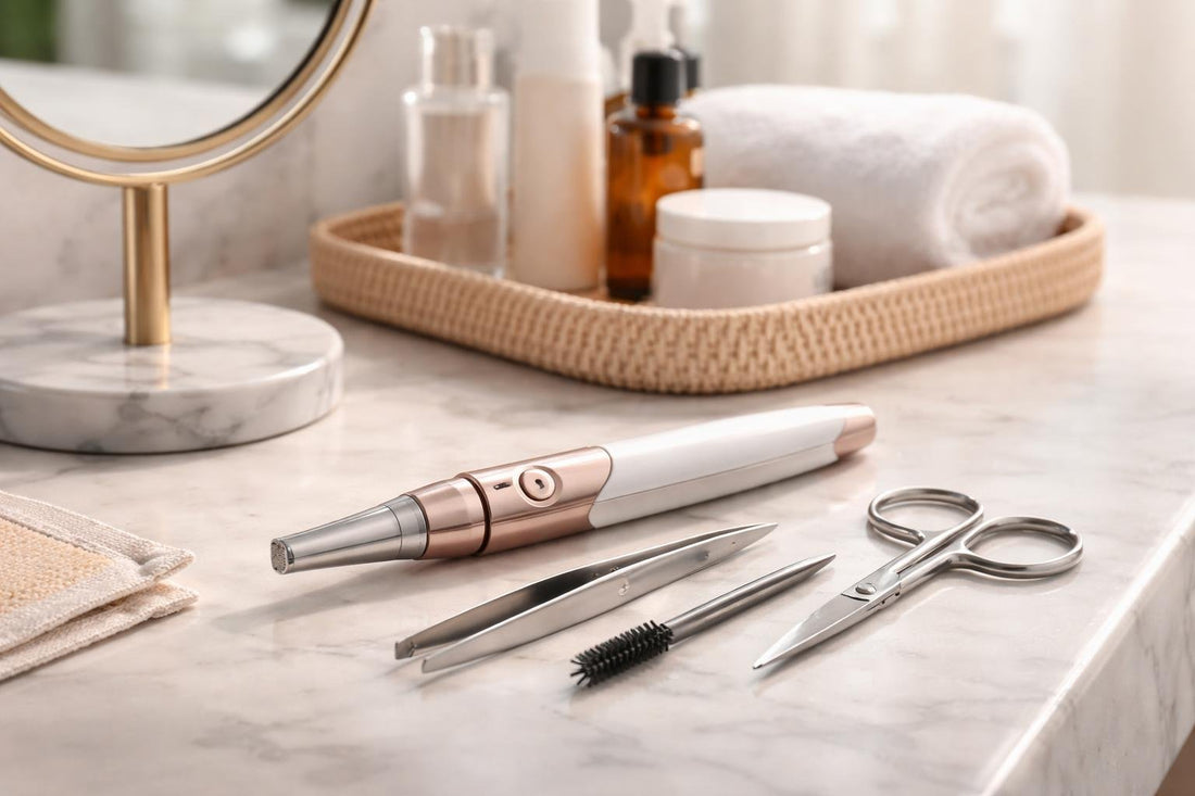 Precision eyebrow trimmer and shaping tools on counter