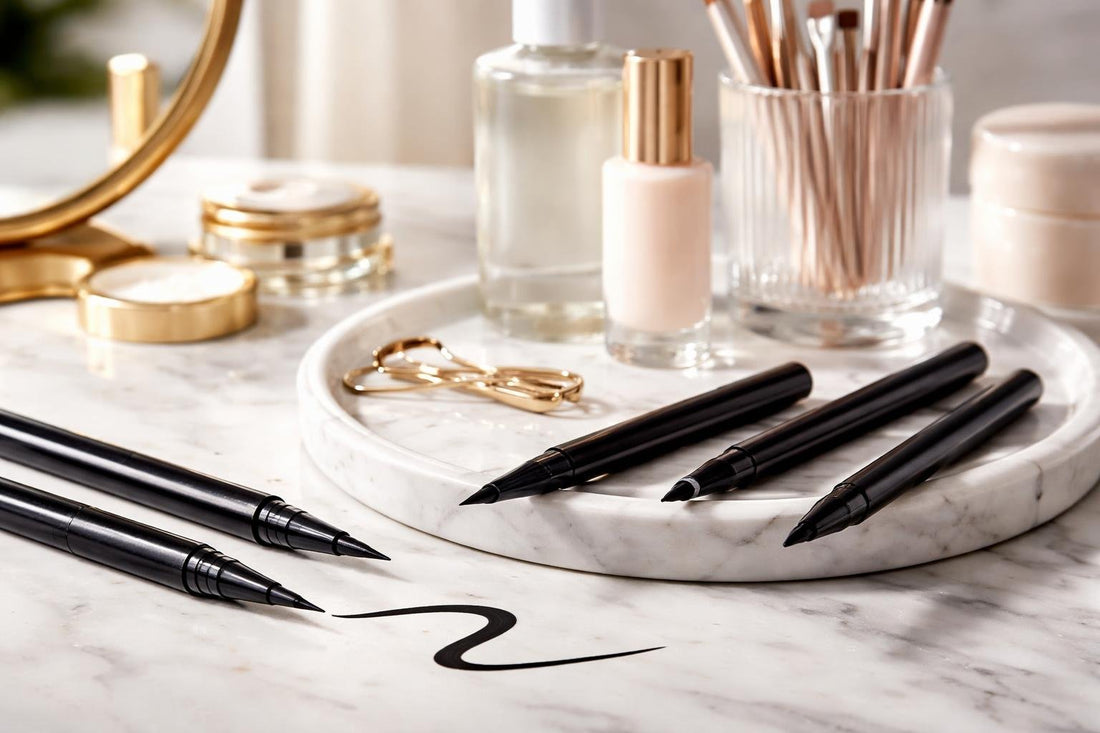 Precision eyeliner creating a sharp smudge resistant wing