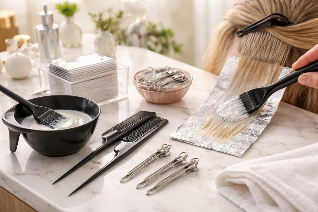 Precision hair colouring tools creating clean foil highlights