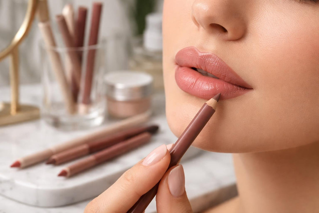 Close-up precision lip liner application on lips