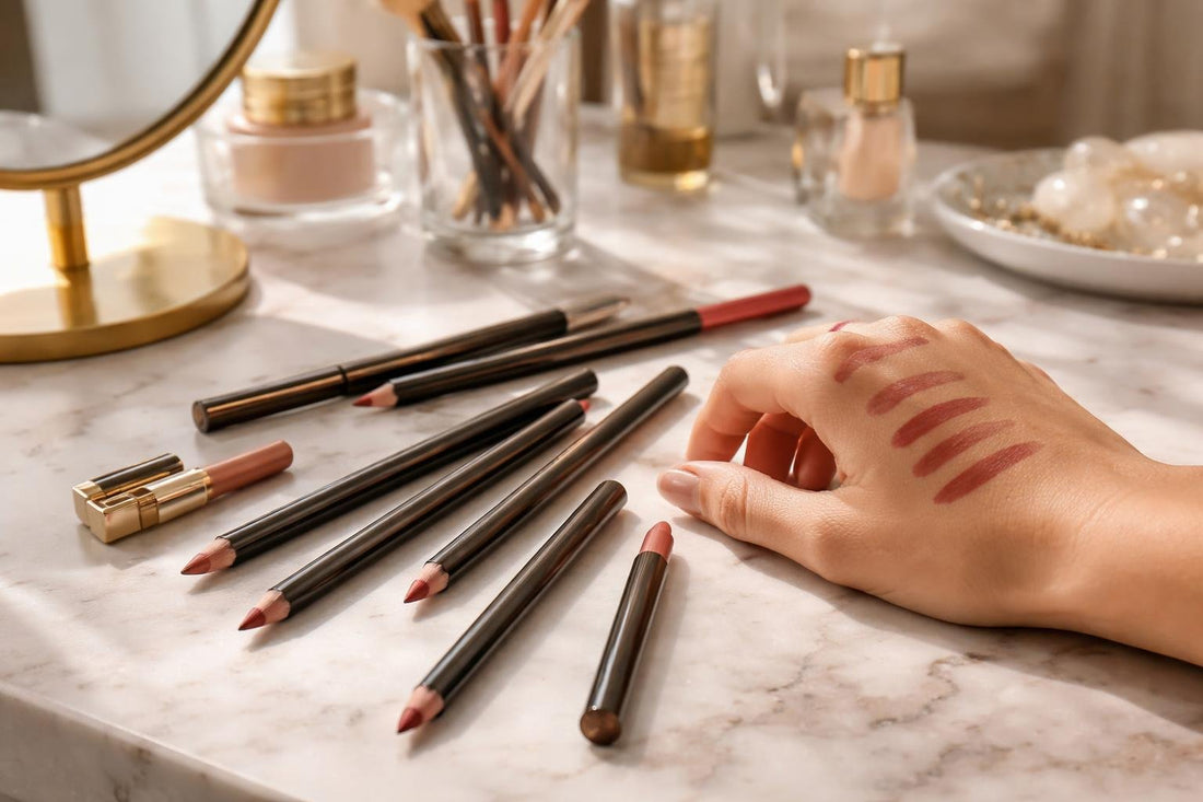 Assorted precision lip liners and swatches on hand