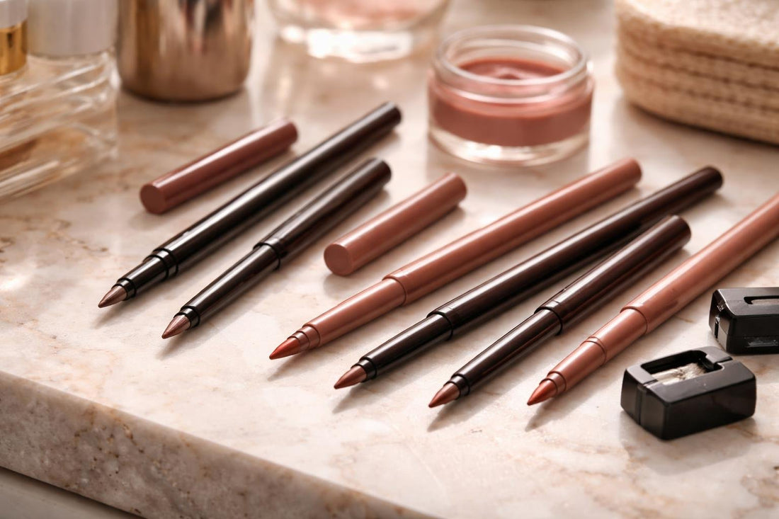 assorted precision lip liners on a vanity