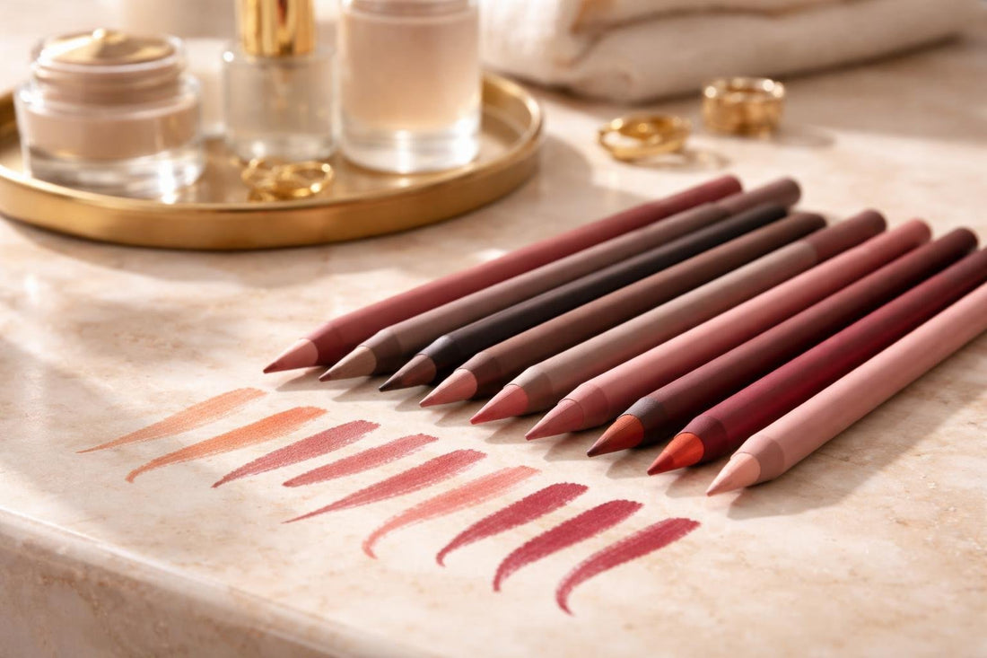 Close-up of precise lip liner pencils and swatches