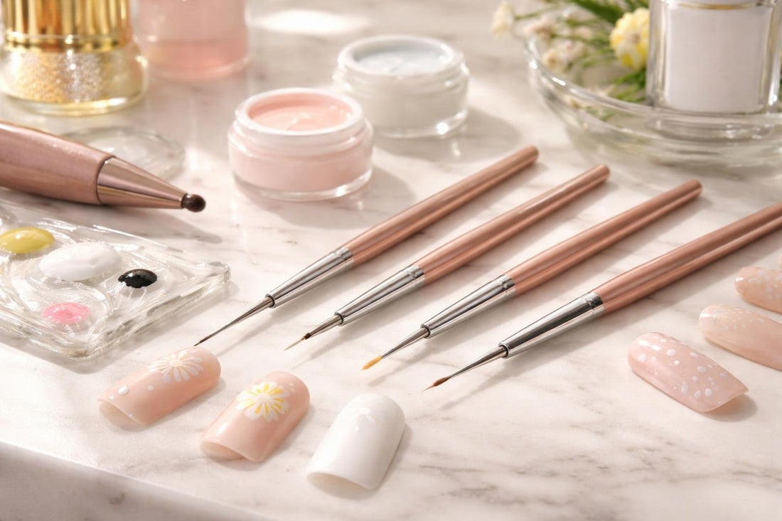 Precision nail art brushes creating clean lines and dots