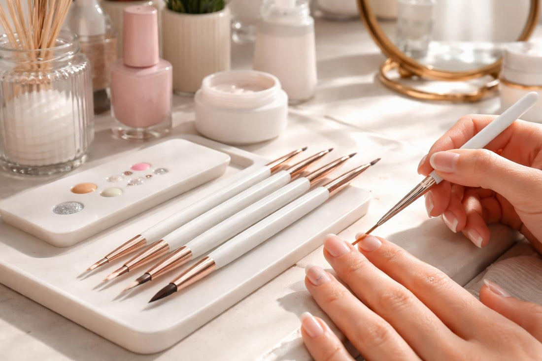 Precision nail art brushes creating clean lines on nails